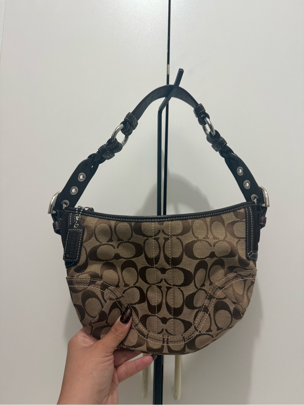 Coach Signature Crescent Shoulder Bag in Brown and Black